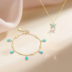 Ensemble de bijoux <span class=keywords><strong>pour</strong></span> femmes en argent pur S925, or 18 carats, émail bleu, collier papillon, boucles d'oreilles étoile de mer, bracelet, cadeau - Product Image 2