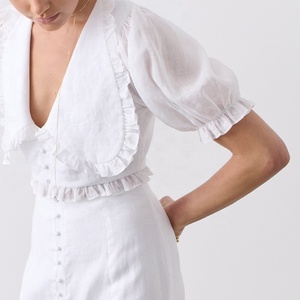 Blusa entallada de lino para mujer con cuello redondo y decoración de botones, blusas y tops tejidos de verano - Product Image 4