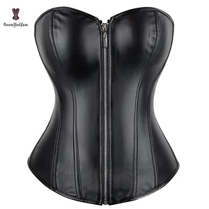 Black Red Mature Women Push Up Chest Binder Bustier Slimming Corsets Shapewear Synthetic Leather Corset Top With Zipper