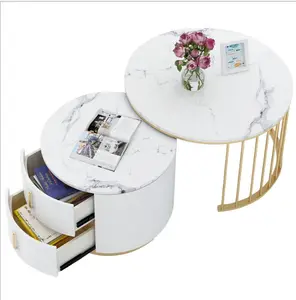 家具客厅北欧现代金色金属腿和Mdf茶几设计白色圆形大理石顶咖啡桌