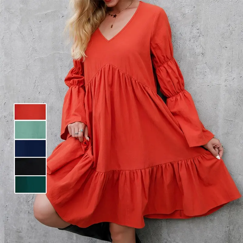 Spring Ruffle Women Party Dress Loose V Neck Beach Pullover Dress 2022 Casual Elegant Retro Flare Sleeve Mini Dress