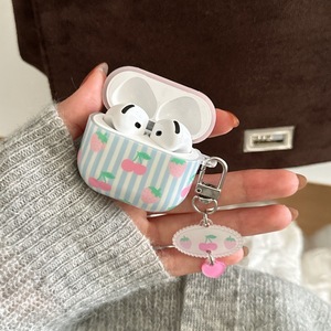 Étui pour écouteurs Apple AirPods 4, motif rayures bleues, pendentif cœur ovale fraise, protection intégrale antichoc - Product Image 3