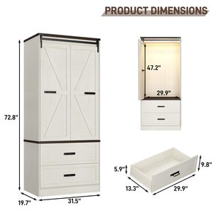 Armario de Madera SENYU Estilo Rústico de 2 Puertas con Paneles Elevados, Luces LED, Puerta Corredera Plegable Tipo Granero, Ecológico, para Dormitorio - Product Image 2