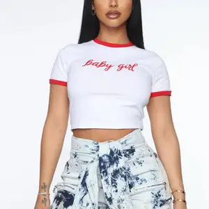 MGOO Graphic Customized Baby Girl Embroidered White Crop Top Ringer Short Sleeve Cotton Spandex Crop Tee