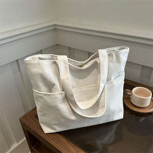 Bolso de mano de pana de gran capacidad para mujer, bolso de hombro con cremallera de color sólido y ecológico, lista de compras - Product Image 6