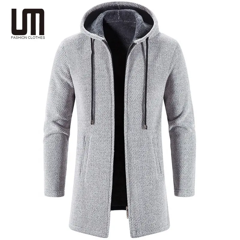 Liu Ming เสื้อคาร์ดิแกนผ้าฟลีซหนาอบอุ่นสำหรับผู้ชายเสื้อแจ็คเก็ตกันลมมีฮู้ดเสื้อกันหนาวถักสำหรับฤดูหนาว2024