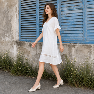 Abito chemisier lungo da donna in viscosa e rayon, con collo alto, senza maniche, vestibilità ampia, stampa floreale, tessuto intrecciato traspirante ed ecologico - Product Image 3