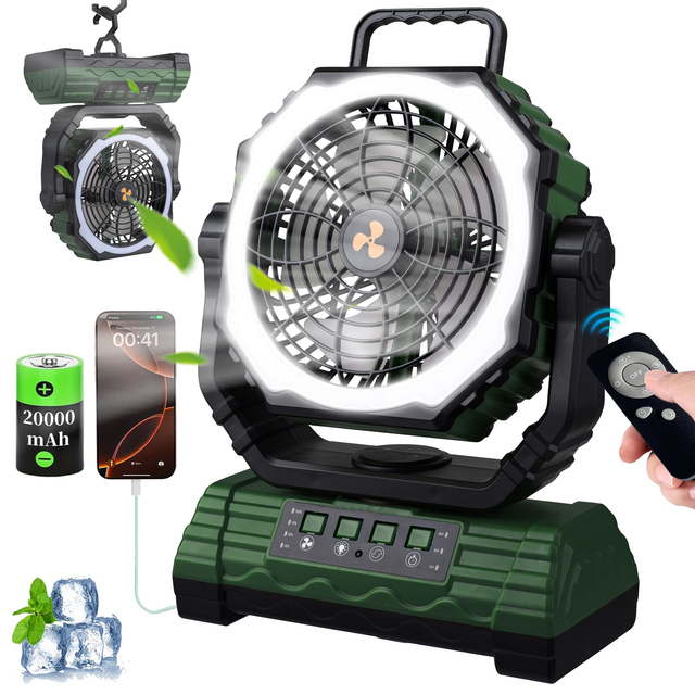 20000mAh Rechargeable Electric Industrial Camping Fan with LED Light, Automatic Oscillation Desk, Outdoor Tent Fan