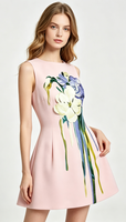 Großhandel Maßgeschneidertes Damen Einfarbiges Ärmelloses Rosa A-Linien-Minikleid mit Reißverschlüssen 3D-Blumenapplikation Tropfen-Stickerei für Cocktailpartys