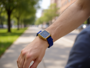 Fashion <b>Watch</b> Women Square Gold Plated <b>Case</b> Blue Leather Band Water Resistant - Product Image 2