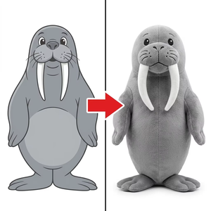 Peluche personnalisée de mors, modèle prototype, grise, en peluche douce, avec longs becs blancs, ventre rond et détails de moustaches, inspirée d'un croquis de mammifère marin - Product Image 1