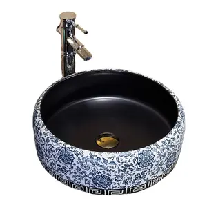 도자기 욕실 블랙 내부 럭셔리 카운터 탑 세라믹 세면대 예술 손으로 만든 블루 화이트 패턴 욕실 싱크