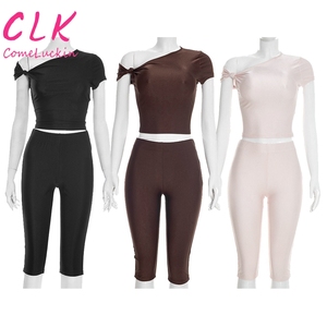 Nuovo Completo Estivo da <span class=keywords><strong>Donna</strong></span> Due Pezzi, Top Asimmetrico e Pantaloni in Tinta Unita, Outfit <span class=keywords><strong>Sexy</strong></span> - Product Image 1