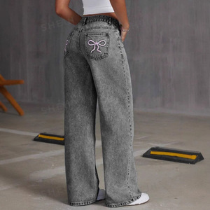 <span class=keywords><strong>Pantaloni</strong></span> da <span class=keywords><strong>donna</strong></span> a vita alta a gamba dritta con ricamo a fiocco e bottoni, stile dolce e di tendenza, in denim casual ampio, tinta unita - Product Image 6