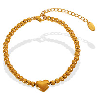 Bracelet ouvert en acier inoxydable plaqué or 18 carats avec perles rondes en forme de cœur, étanche, pour femmes