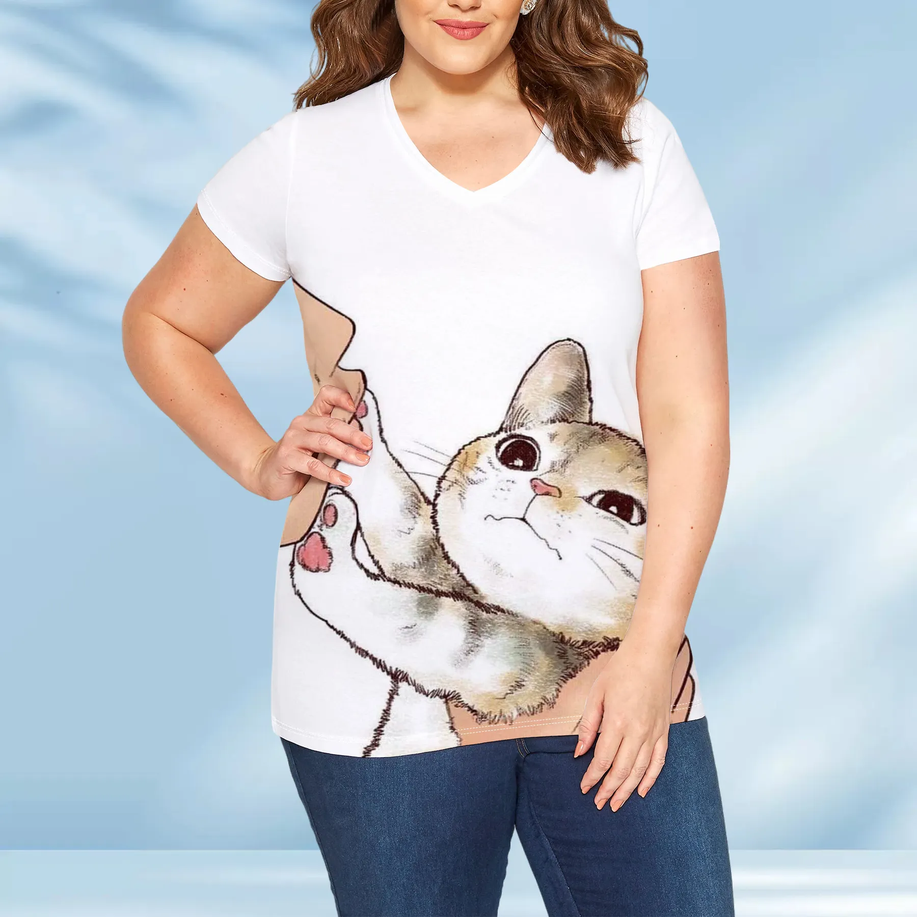 工場卸売夏特大女性Tシャツかわいい猫プリントシャツカジュアルトップスTシャツ女性服Tシャツ