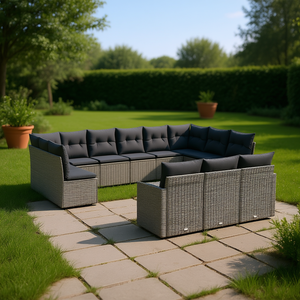 Set Divano da Giardino in Rattan Grigio per 10 Persone, Arredamento da Esterno Componibile Contemporaneo Resistente alle Intemperie - Product Image 2