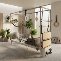 Máquina de Pilates Clásica de Aluminio, Reformer Half Cadillac con Half Trapeze Tower, 2 Filas de Rieles para Resortes, para Entrenamiento de Pilates en Estudio