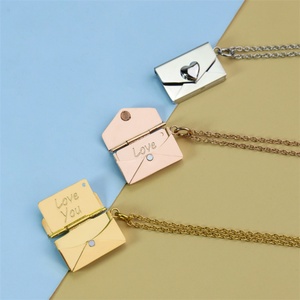 New Design Stainless Steel Custom Engraved LOVE YOU Heart Lock <b>Envelope</b> Pendant Necklace - Product Image 4