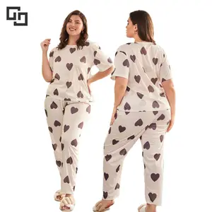 OEM Wholesale Heart Valentines Sleepwear Pyjamas Girls Sleepwear Cozy Cotton 4XL Plus Size Women Pajama Set