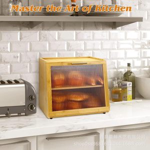 Boîte à pain double couche en bambou pour comptoir de cuisine avec fenêtre, meuble de rangement pour pâtisserie, conteneur à pain en bois noir - Product Image 2