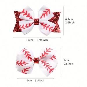 LX European American Sports Baseball Printed Hairpin <b>Red</b> Glitter Side Clip Ribbon Bowknot Full Clamp Plastic Kids 4inch Party - Product Image 2