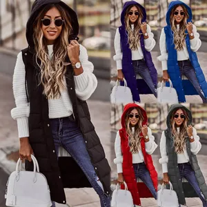 Mode Mouwloze Katoenen Hooded Jassen Vest Vrouwen Lange Winter Vesten Effen Kleur Rits Warm Streetwear Vest Vrouwen