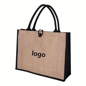 Sacs fourre-tout en jute de marque noirs avec poignées en corde et fermeture à boutons, recyclés, pour femmes, pour la plage, le shopping et les courses - Product Image 1