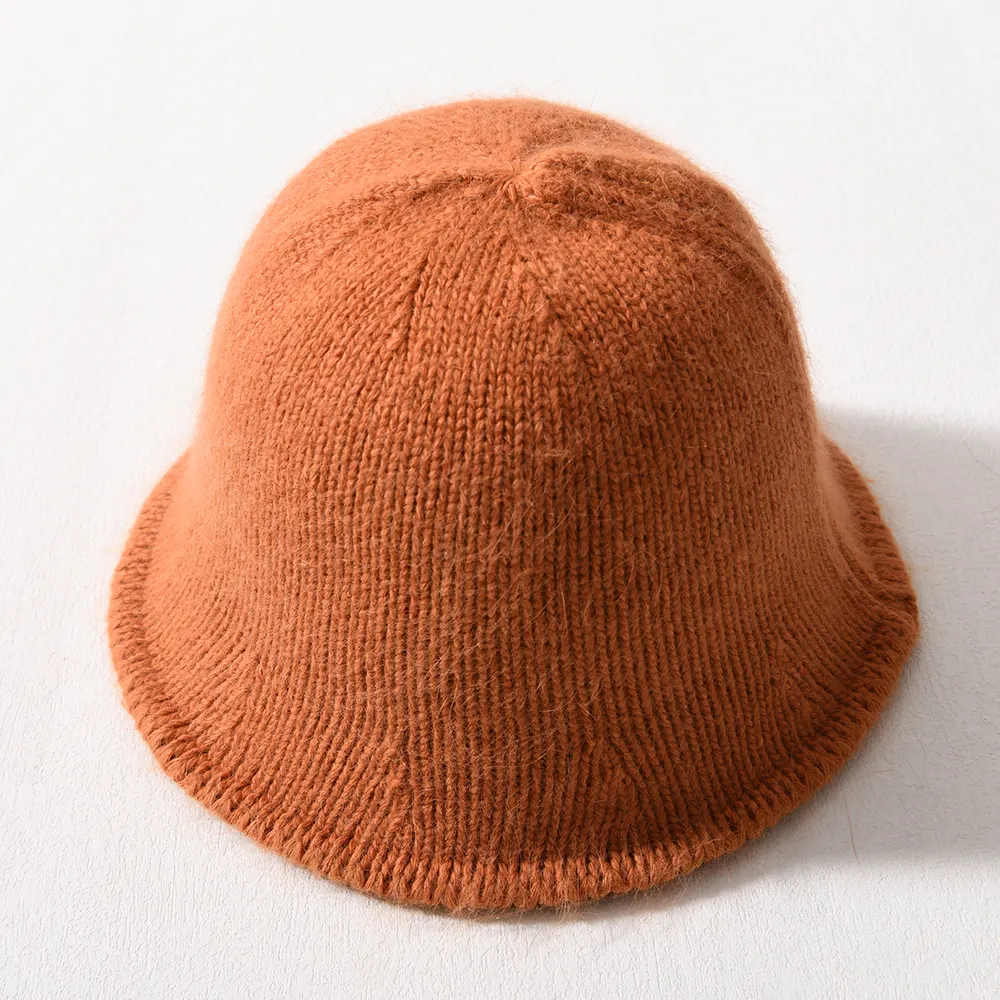 Chapeau de pêcheur tricoté en angora long pour l'extérieur, de couleur unie, à large bord, en peluche douce et chaude, pour femmes, pour l'hiver