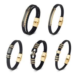 Bracelet pour homme en acier inoxydable 316l personnalisé, gravé, plaqué or 14k 18k, bracelet en cuir tressé multi-couches tendance pour homme - Product Image 1