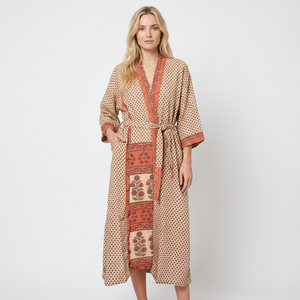 Kimono de Seda 100% Pura con Diseño de Patchwork, Elegante Cuello en V, Mangas 3/4, Cierre con Cordón, Ropa de Verano, Ropa de Playa, Pareo para Bikini - Product Image 1