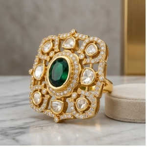 925 Silver Green Stone Kundan <b>Ring</b> with <b>Gold</b> Finish Elegant Adjustable Jewelry for Women Fashion Geometric Design Jewelry - Product Image 1