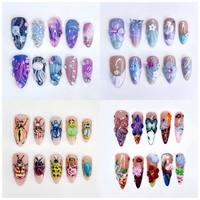 Nouveaux faux ongles à presser 3D faits main, style exquis, motif fleur et papillon violet, longueur moyenne, pour un look tendance et féminin