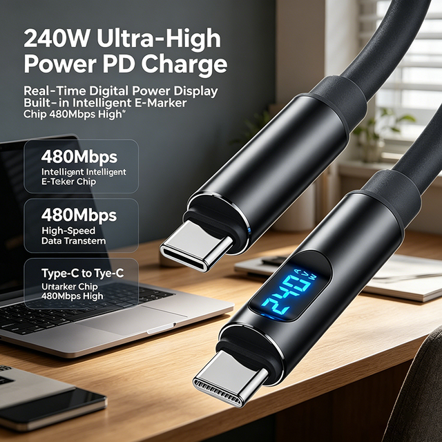240W PD Fast Charging Cable Digital Power Display 480Mbps Data Transfer Built in E Marker Chip Multi Shielding Universal