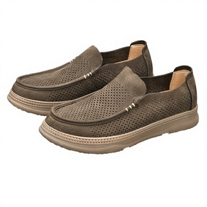 Chaussures de marche pour hommes en cuir pleine fleur ajouré à bout rond, à enfiler, souples, légères, respirantes, avec doublure et semelle intérieure en PU, tendance mode - Product Image 2