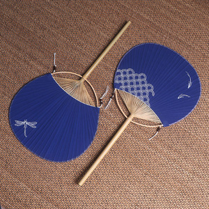 Handmade Embroidered Bamboo Fans Round Blue Fabric Dyeing Classical Style For Performances Art Collectible Summer Use - Product Image 4