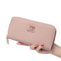 Nouveau portefeuille long pour femme de style coréen avec double fermeture éclair, grande capacité, sacoche pour téléphone, pochette minimaliste tendance en PU à motif litchi