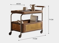 Table basse moderne en noyer noir massif et rotin, écologique et durable, avec chariot de rangement à 2 niveaux et cadre en acier inoxydable