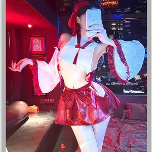 Ensemble Kimono Sexy Femme Rouge et Blanc en Polyester pour Jeu de Rôle Cosplay, Lingerie de Nuit avec Culotte Bikini Taille Moyenne - Product Image 2