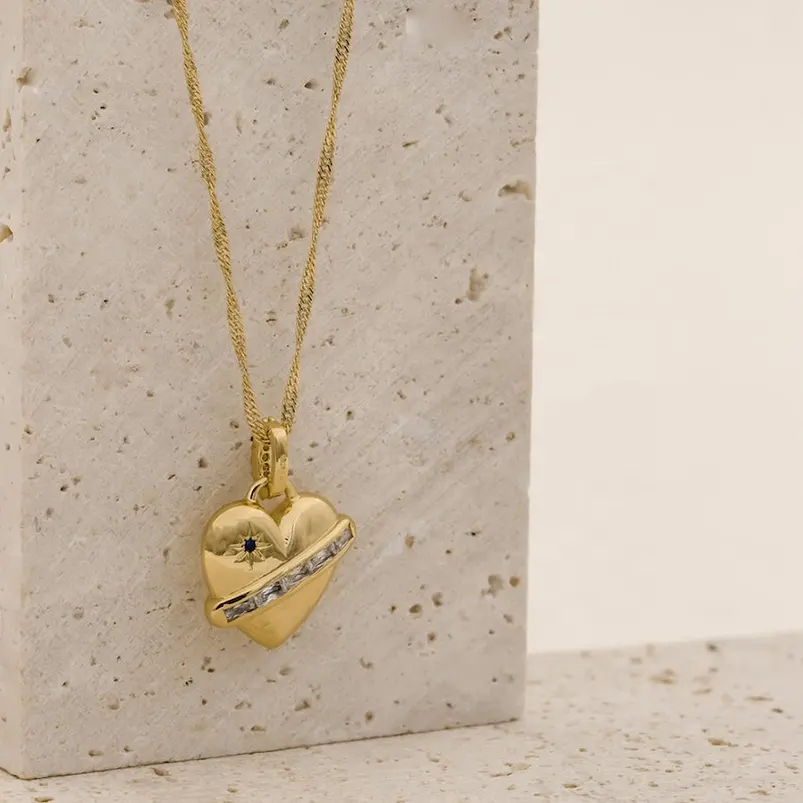 Gemnel gold singapore chain love Sapphire cz starburst heart pendant necklace