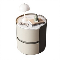 Meja Samping Tempat Tidur Bulat Modern dengan Atasan Marmer dan 2 Laci Penyimpanan Kulit PU untuk Hotel dan Furnitur Kamar Tidur Bengkel