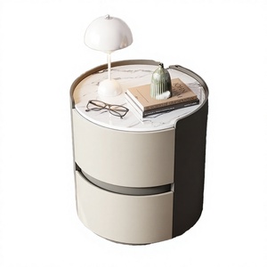 Modern Round <strong>Bedside</strong> <strong>Table</strong> with <strong>Marble</strong> Top and 2 Drawers PU Leather Storage Nightstand for Hotel and Workshop Bedroom Furniture - Product Image 3