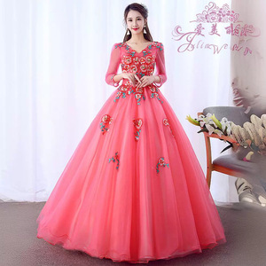 Purple V-neck Tulle Prom Dress With Lace Applique Empire Waist Long Sleeve Ball Gown For Women Plus Size Evening Wear - Product Image 4