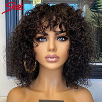 Perruque Bob Courte en Cheveux Humains de 10 Pouces, Faite à la Machine, avec Frange, Bouclée, Sans Lacet, Perruque Bob de 14 Pouces en Cheveux Humains, Mèches Highlight, pour Femmes