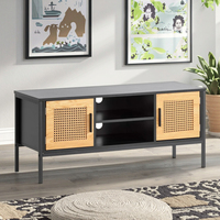 Table TV 55 pouces en noir et chêne meuble TV support TV Table d'appoint Console avec porte en rotin PE et étagères de rangement