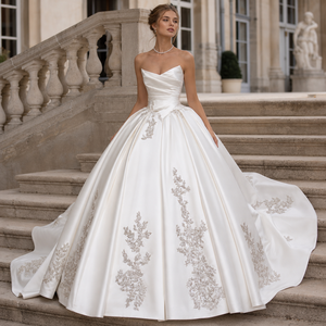 LY106 Classic Satin Ivory Strapless Wedding Bridal Gowns <b>Dress</b> With Lace Pattern - Product Image 1
