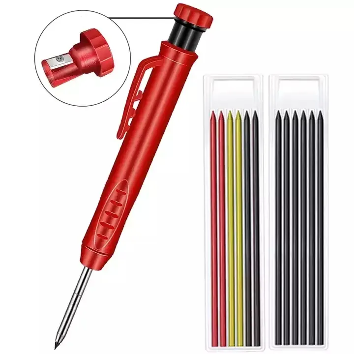 Solid Carpenter Pencil with Refill Leads and Sharpener Construction Pencil for Deep Hole Marker Marking Woodworking Tools