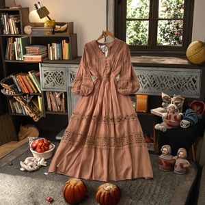 White Solid Lace Embroidered V-neck Long Sleeve Casual Spring Autumn Women's Maxi Dress with Belt Woven <b>Big</b> Swing Skirt - Product Image 3