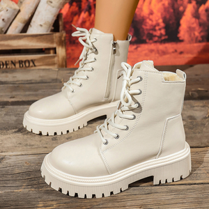 Bottes à lacets à fermeture éclair latérale pour femmes, plateforme épaisse, semelle à crampons, en cuir PU, bottes de combat noires et beiges, chaussures d'hiver - Product Image 3
