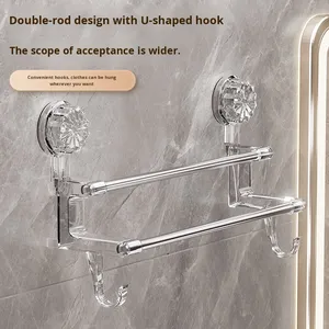 Estantes de pared de barra de acero inoxidable de lujo ligero, ganchos de almacenamiento de plástico con ventosa doble para toallas secas y húmedas, baño en casa - Product Image 2
